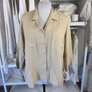Notations Plus sz. 2X 100% Silk khaki button up blouse lightwt.  layering
 #2402